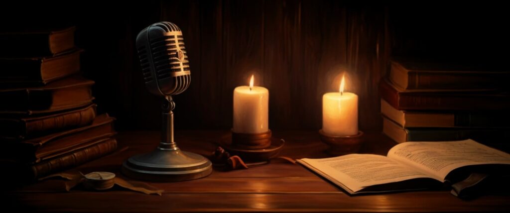 Ceci représente l'image d'accueil avec un recueuil de poésie et un micro pour symboliser le guide du livre audio.