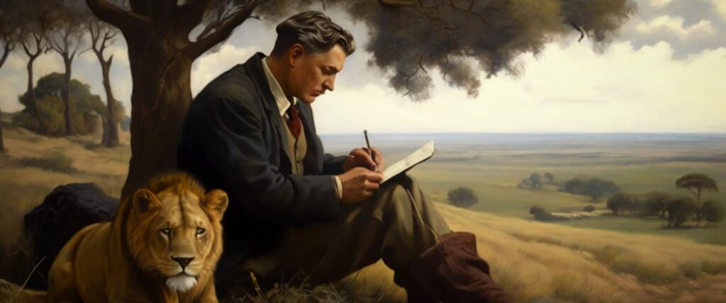 le visuel représente un poète en train de composer au milieu de la nature avec la compagnie d'un lion
