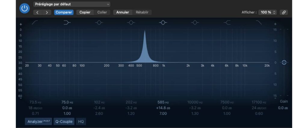 cette image représente un plugin d'égalisation avec un filtre en cloche