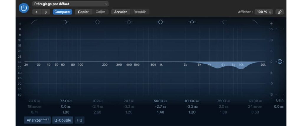l'image représente un égaliser qui diminue des décibels à 5000 et 10000 Hz.