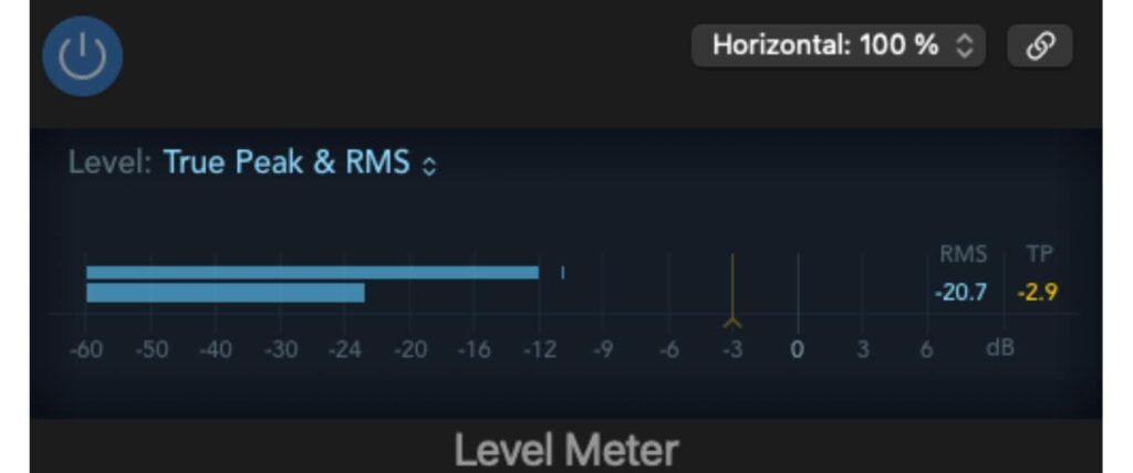 visuel du niveau sonore mesuré à l'aide d'un plugin qui mesure le niveau RMS et le true Peak
